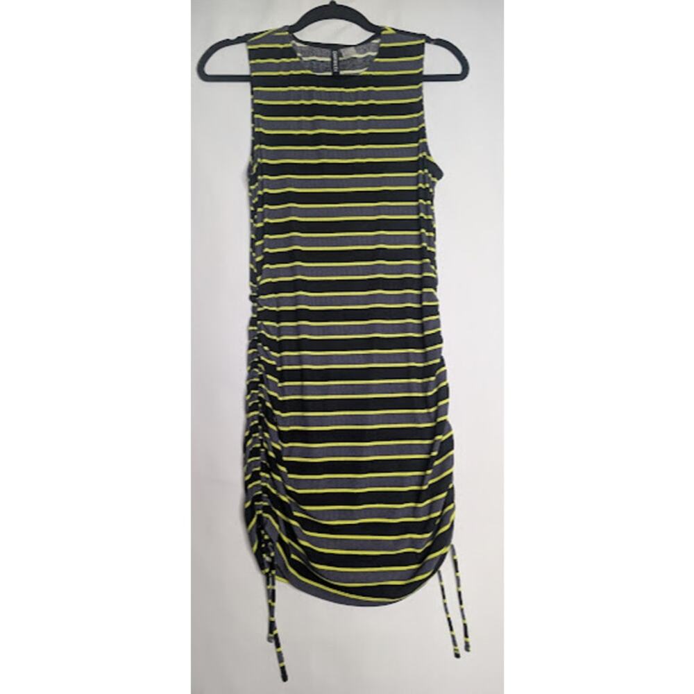 H & M DIVIDED Striped yellow grey Bodycon Ruched Dress size Medium indie